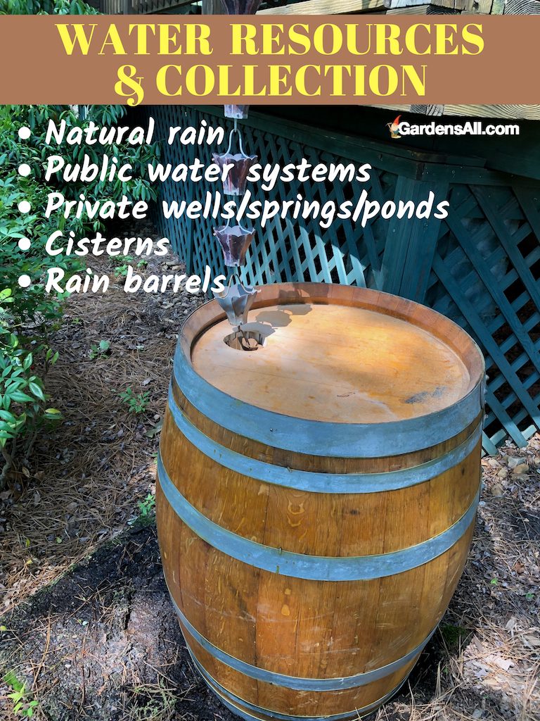 WATER RESOURCES FOR GARDENING - Wooden and Plastic rain barrels #Rainwater #NaturalWater #WellWater #Springs #Ponds #RainBarrels #GardenWater #GardensAll