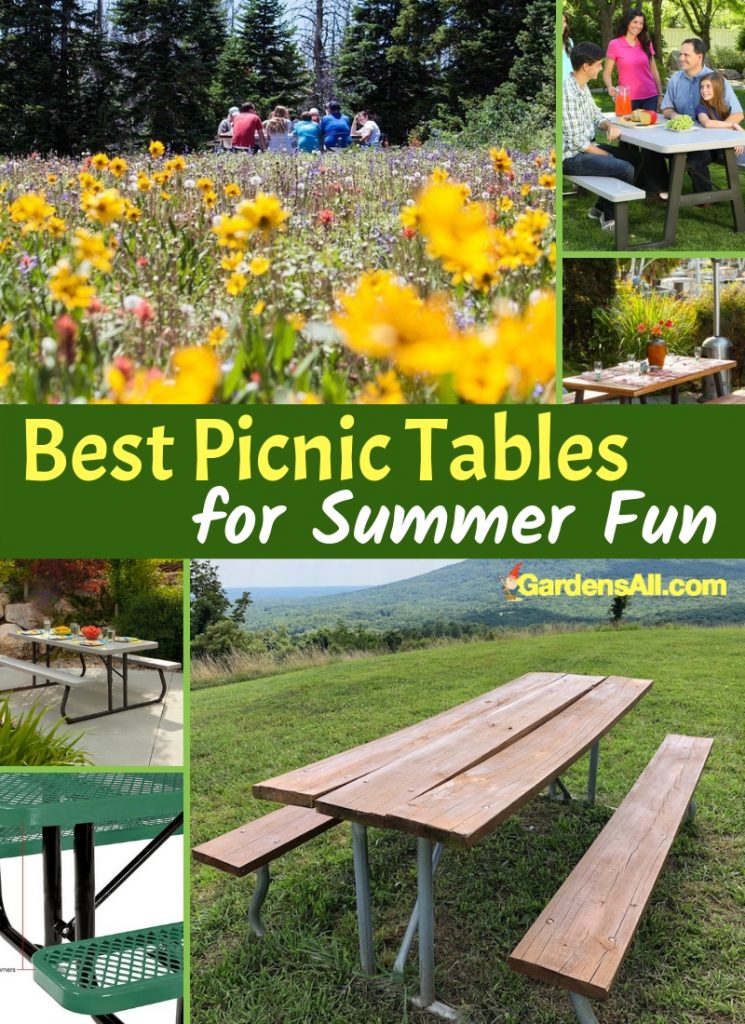 Picnic tables are a slice of American summer nostalgia.  Plates of grilled hot dogs, hamburgers, (or veggie burgers, if you're vegetarian), with all the toppings, chips, potato salad and watermelon.  #TableIdeas #TablePlans #Backyard #Basket #IdeasOutdoors #GardenTables #PicnicTables