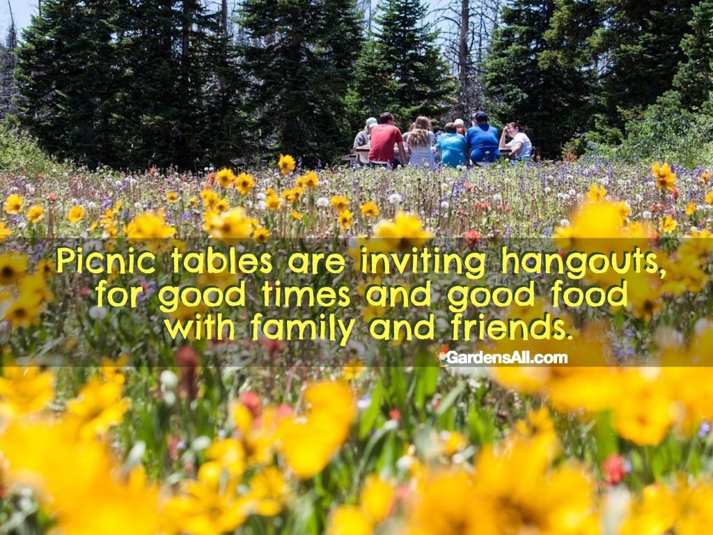 Picnic tables are inviting hangouts, for good times and good food with family and friends. #TableIdeas #TablePlans #Backyard #Basket #IdeasOutdoors #GardenTables #PicnicTables