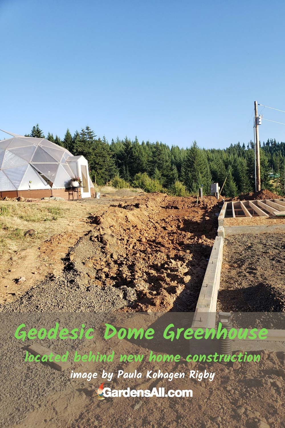 Geodesic Dome Greenhouse - located behind new home construction - Image by Paula Kohagen Rigby #GeodesicDomeGreenhouse #DomeGreenhouse #GeodesicDomes #GardensAll.com #Gardening #GardenIdeas 