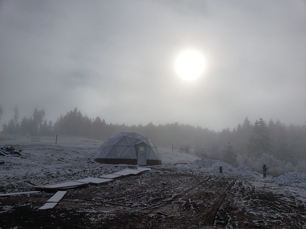 Geodesic Dome Greenhouse - Sun and Snow Light - image by Paula Kohagen Rigby #GeodesicDomeGreenhouse #DomeGreenhouse #GeodesicDomes #GardensAll.com 