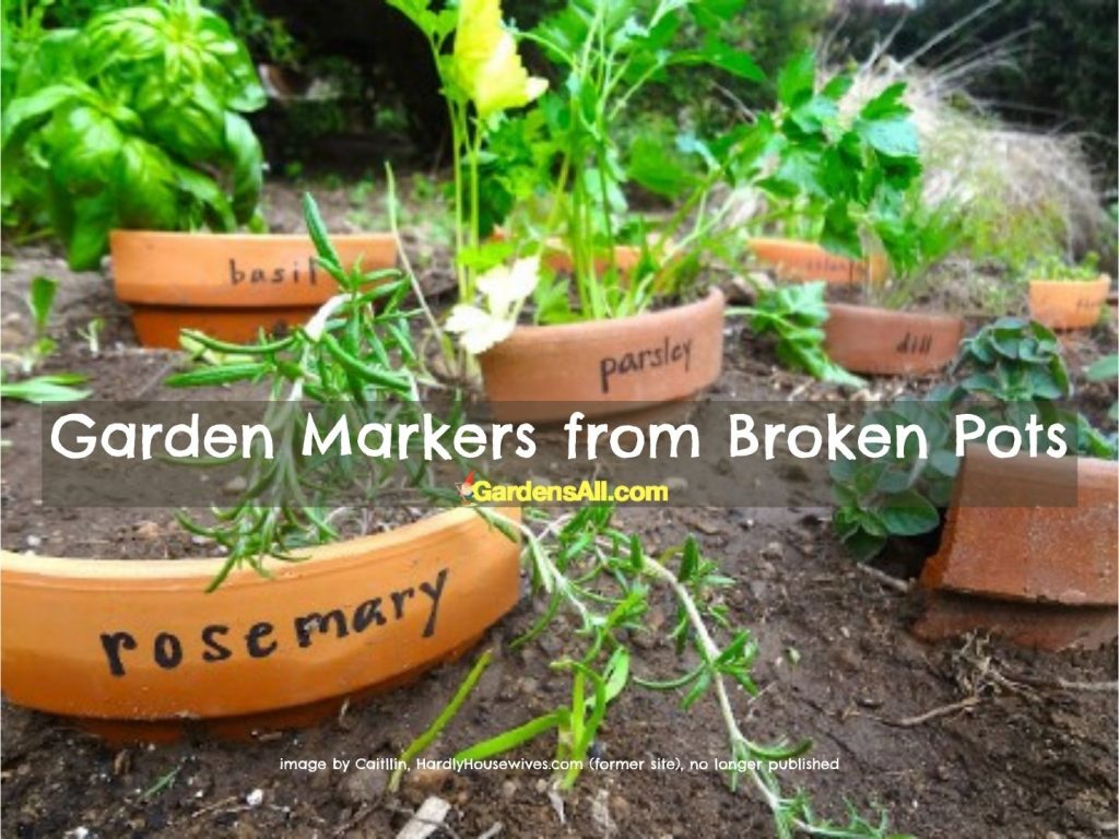 Plant labels and plant markers made from broken pots