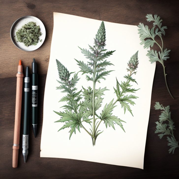 artistic rendition of a botanical sketch of mugwort plant on a table with pens and with loose leaves