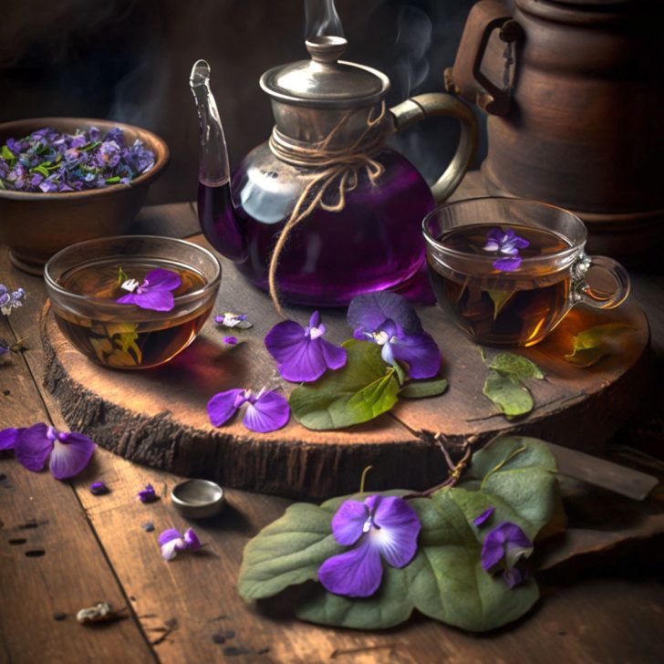 Artistic rendering of making_wild_violet_tea_viola_odorata-in glass teapot_AI art image