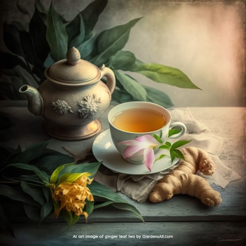 AI art image of ginger leaf tea, by GardensAll.