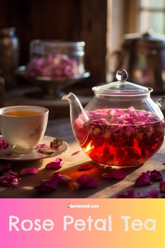Rose petal tea in glass teapot and china teacup