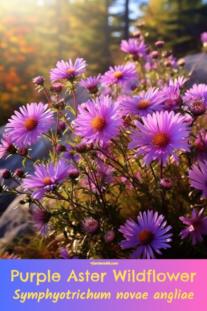Purple Aster Wildflower (Symphyotrichum novae angliae) in a woodland meadow.